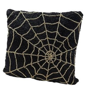 New Beaded Spiderweb Halloween Throw Pillow Black‎ & Gold Spooky Decor Accent